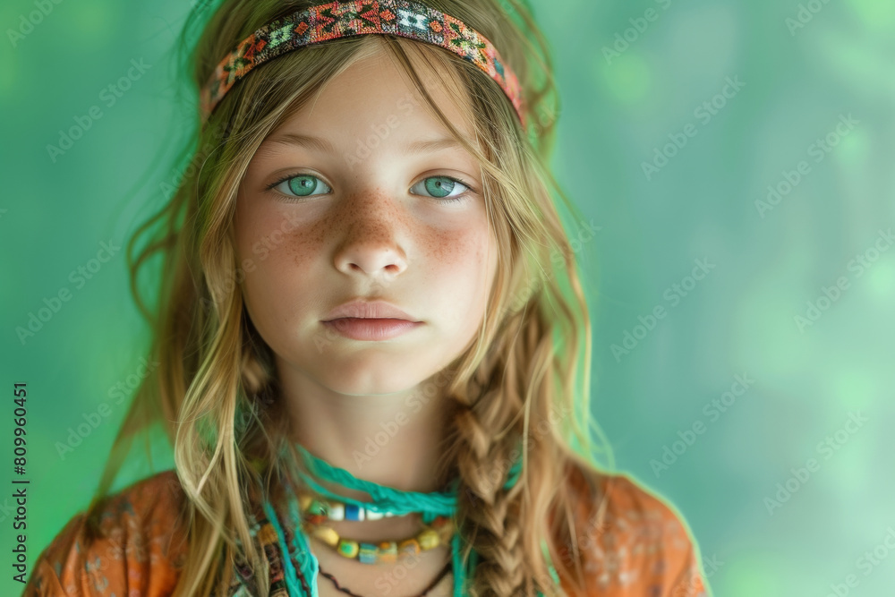 Fototapeta premium Portrait of a Blond-Haired Hippie Girl with a Headband and Beaded Necklaces