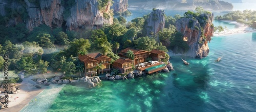 Luxurious Cliff Side Tropical Island Resort with Emerald Waters and Limestone Formations