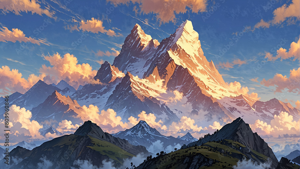 A digital painting of snow-capped mountains with a blue sky and white clouds.