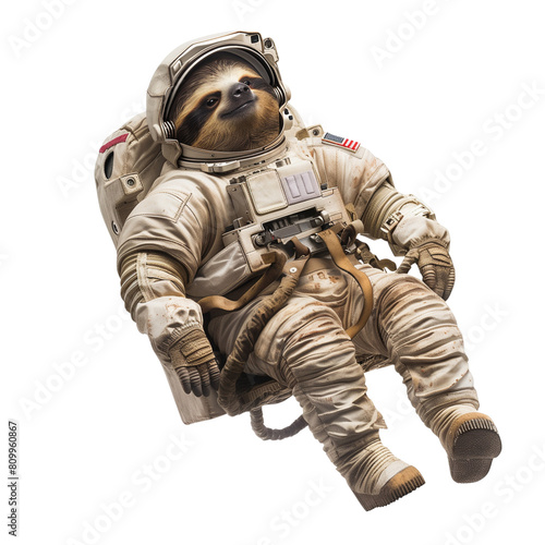 full body of Sloth Astronaut wearing a space helmet and floating in zero gravity on white background