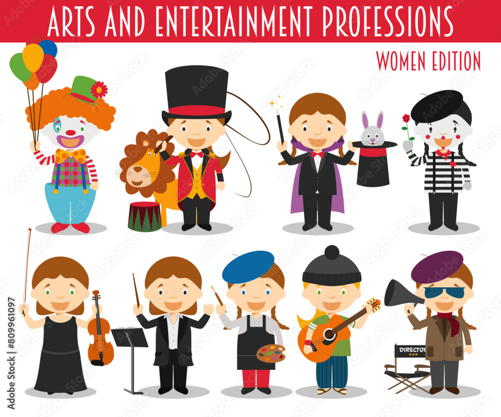 Vector Set of Arts and Entertainment Professions in cartoon style. Women Edition. Vector Set of Arts and Entertainment Professions in cartoon style. Women Edition.