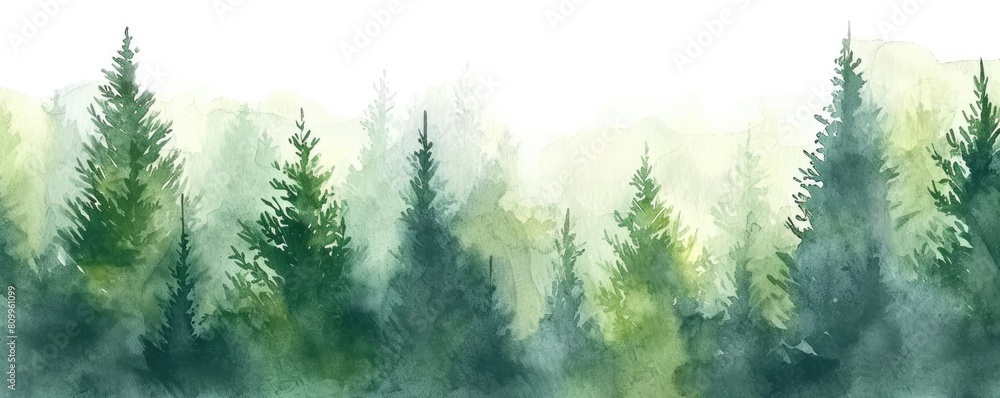 Whispering Woods: Watercolor Landscape Depicting Lush Trees