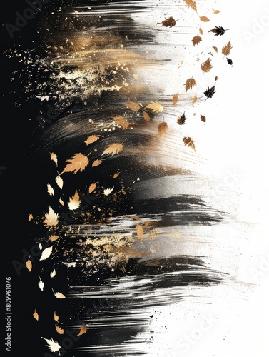 A painting featuring black and white colors with intricate gold leaves scattered throughout