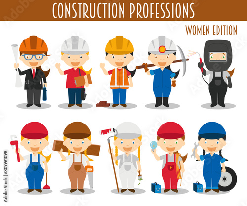 Vector Set of Construction Professions in cartoon style. Women Edition.