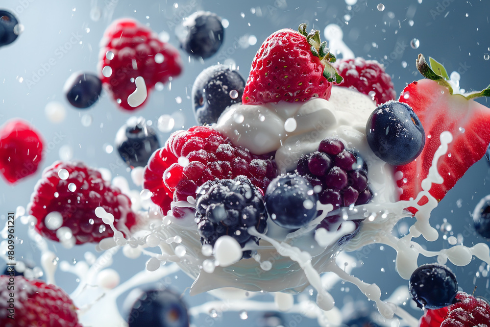 Mixed berries in a splash of cream or yogurt, suspended in air, Flying Food shot, studio lighting Mixed berries in a splash of cream or yogurt, suspended in air, Flying Food shot, studio lighting