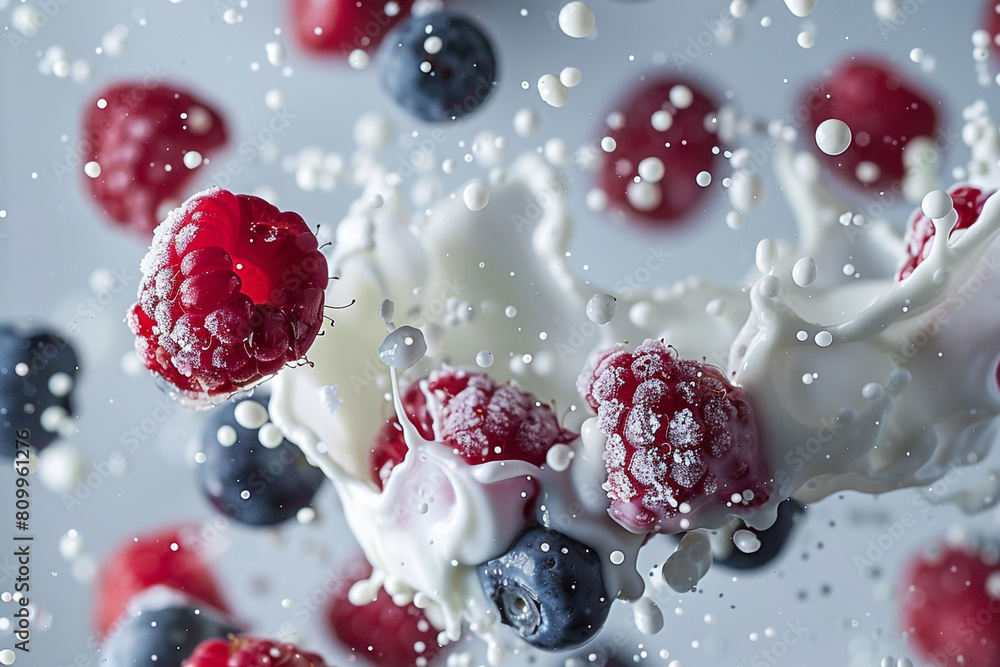 Mixed berries in a splash of cream or yogurt, suspended in air, Flying Food shot, studio lighting Mixed berries in a splash of cream or yogurt, suspended in air, Flying Food shot, studio lighting