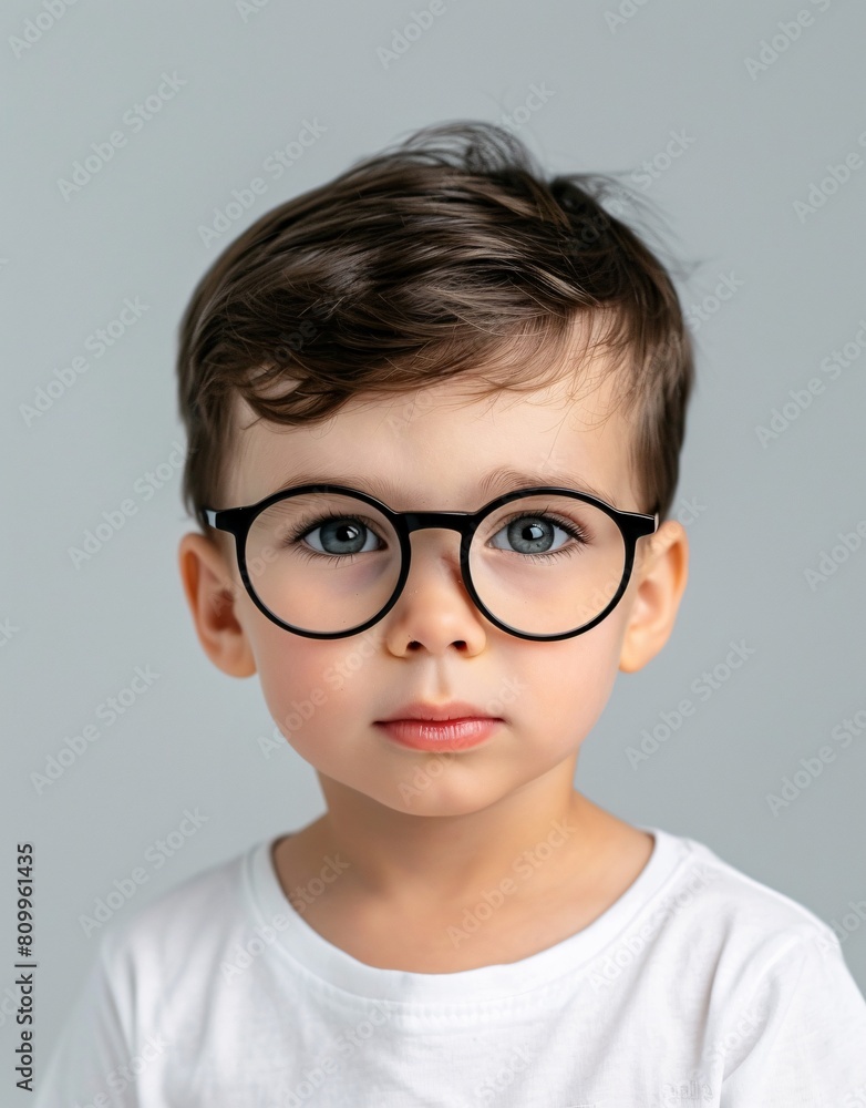 ID Photo for Passport : European baby boy with straight short black hair and blue eyes, with glasses and wearing a white t-shirt ID Photo for Passport : European baby boy with straight short black hair and blue eyes, with glasses and wearing a white t-shirt