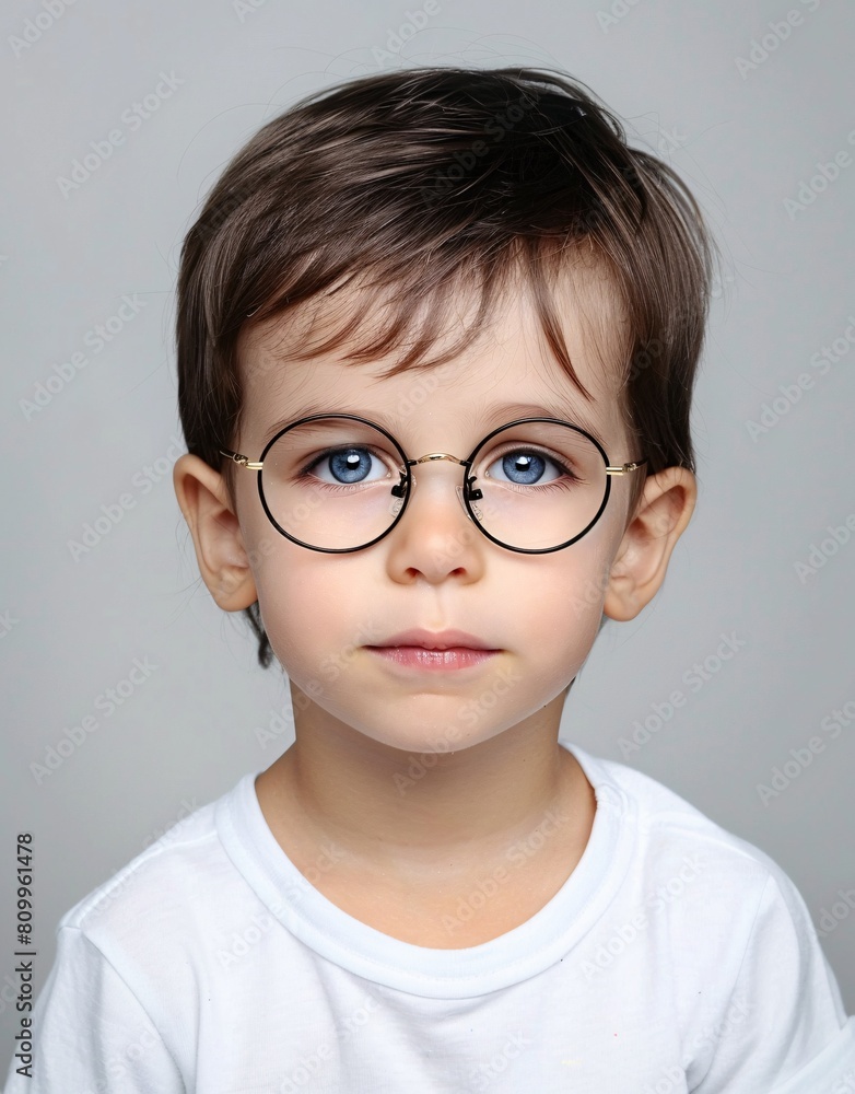 ID Photo for Passport : European baby boy with straight short black hair and blue eyes, with glasses and wearing a white t-shirt ID Photo for Passport : European baby boy with straight short black hair and blue eyes, with glasses and wearing a white t-shirt