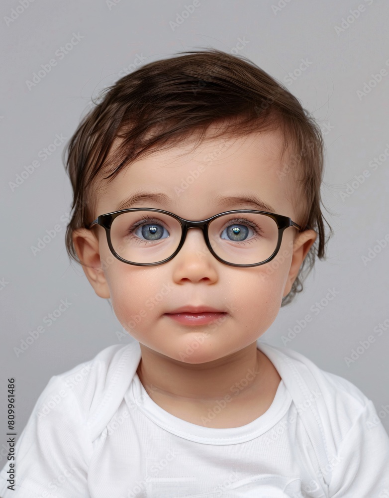 ID Photo for Passport : European baby boy with straight short black hair and blue eyes, with glasses and wearing a white t-shirt