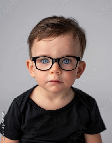 ID Photo for Passport   European baby boy with straight short black hair and blue eyes  with glasses and wearing a black t-shirt
