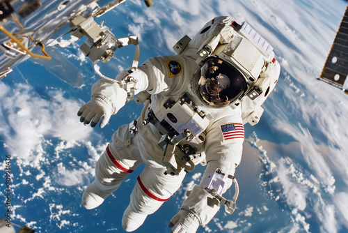 Astronaut floating in space in zero g.