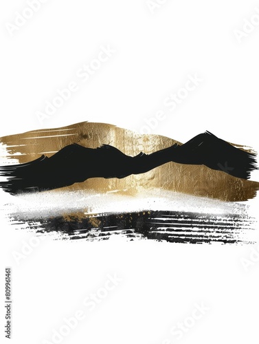 A painting featuring towering mountains in striking gold and black hues, creating a dramatic and powerful scene