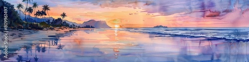 Koh Lanta s Serene Sunset Watercolor Tranquil Palm Fringed Beach with Pastel Sky and Reflection © Sittichok