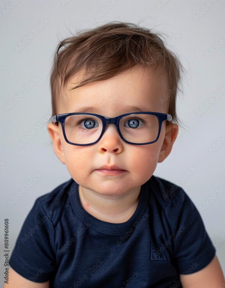 ID Photo for Passport : European baby boy with straight short black hair and blue eyes, with glasses and wearing a navy t-shirt ID Photo for Passport : European baby boy with straight short black hair and blue eyes, with glasses and wearing a navy t-shirt