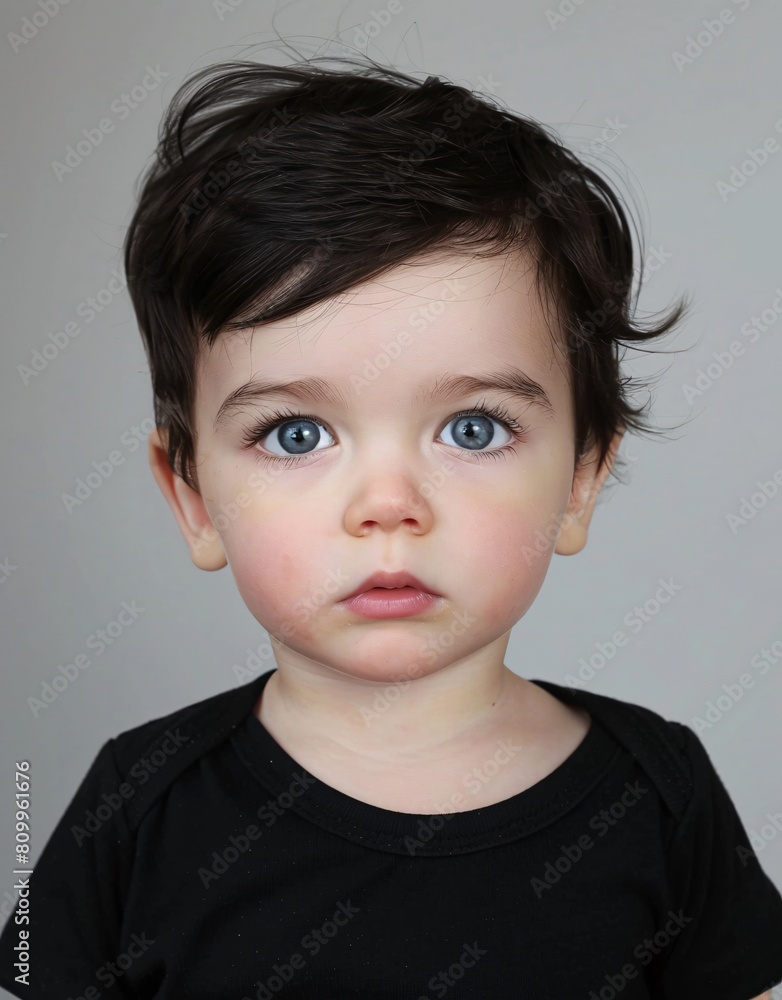 ID Photo for Passport : European baby boy with straight short black hair and blue eyes, without glasses and wearing a black t-shirt ID Photo for Passport : European baby boy with straight short black hair and blue eyes, without glasses and wearing a black t-shirt
