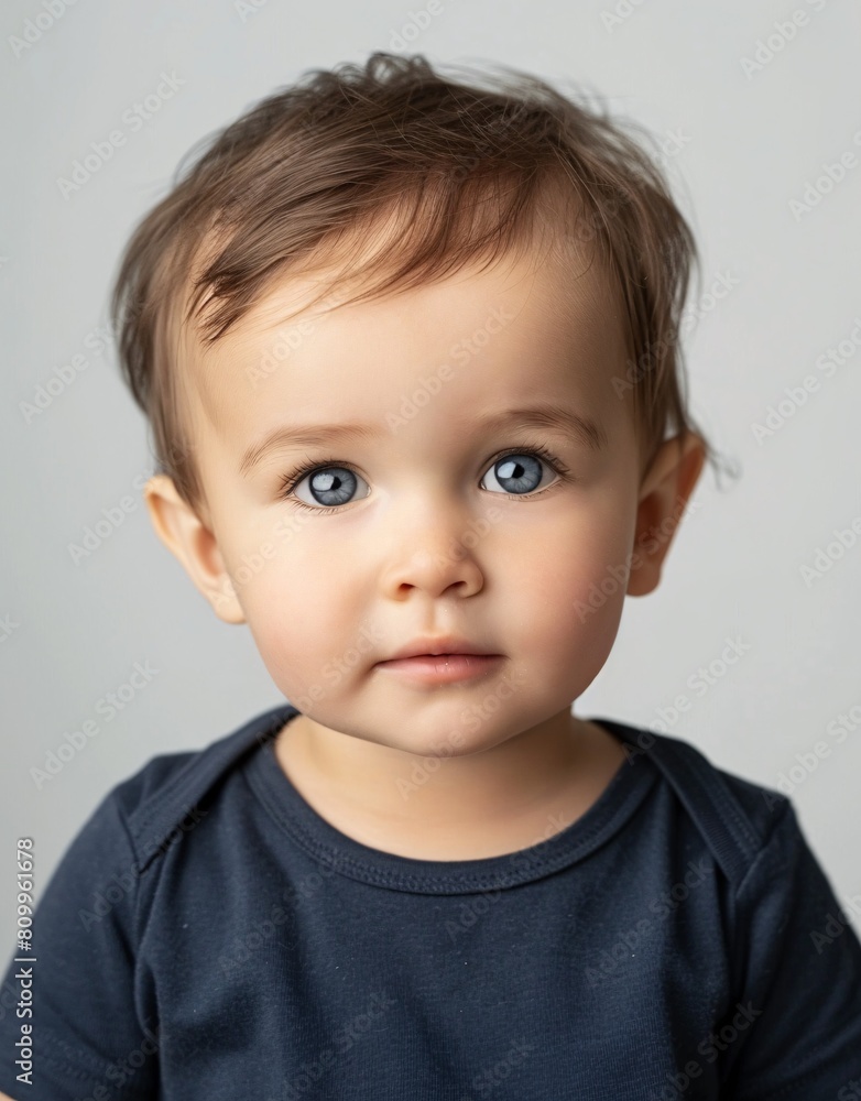 ID Photo for Passport : European baby boy with straight short black hair and blue eyes, without glasses and wearing a navy t-shirt