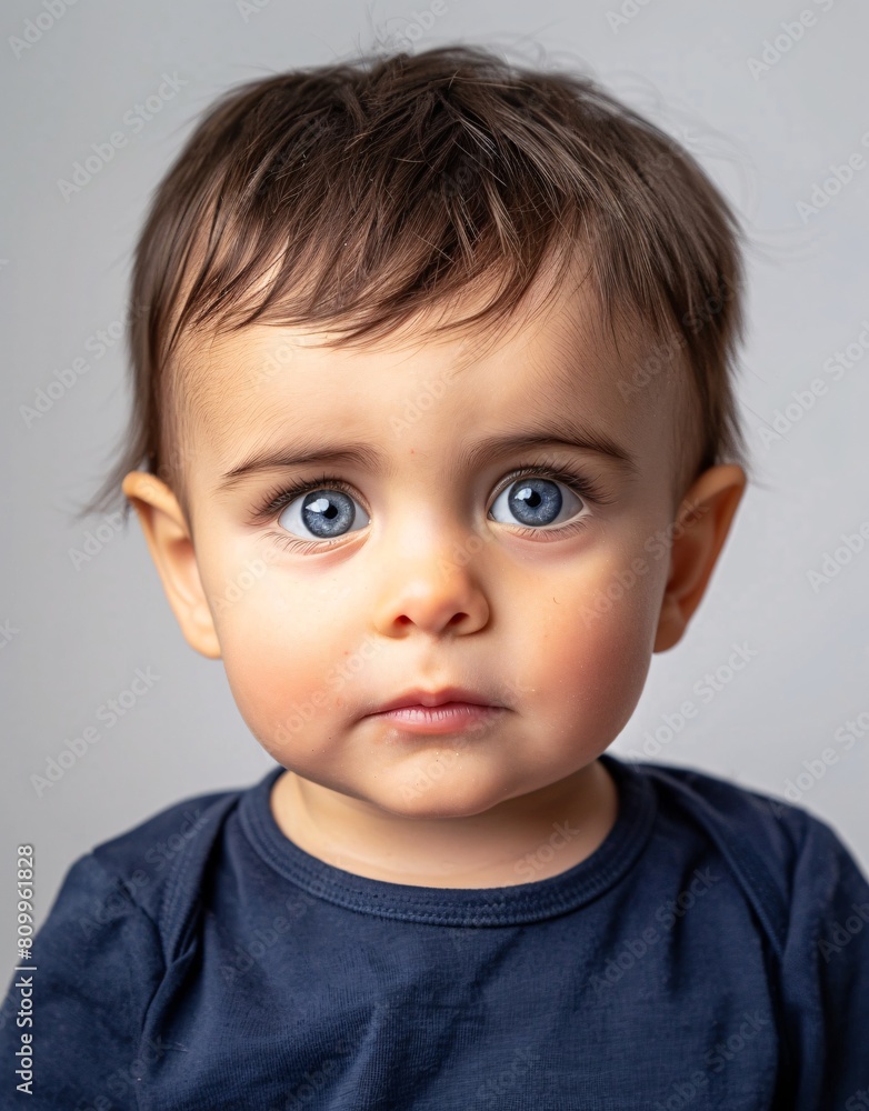 ID Photo for Passport : European baby boy with straight short black hair and blue eyes, without glasses and wearing a white t-shirt ID Photo for Passport : European baby boy with straight short black hair and blue eyes, without glasses and wearing a white t-shirt