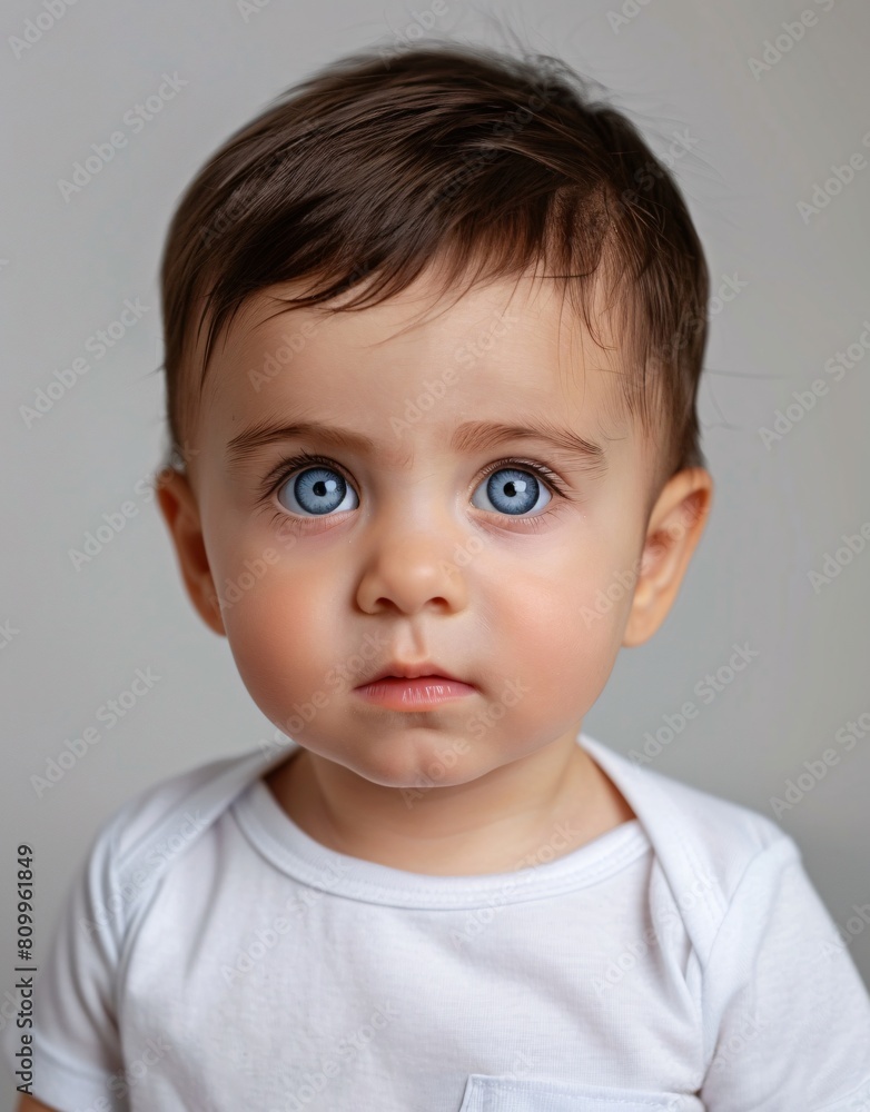 ID Photo for Passport : European baby boy with straight short black hair and blue eyes, without glasses and wearing a white t-shirt ID Photo for Passport : European baby boy with straight short black hair and blue eyes, without glasses and wearing a white t-shirt