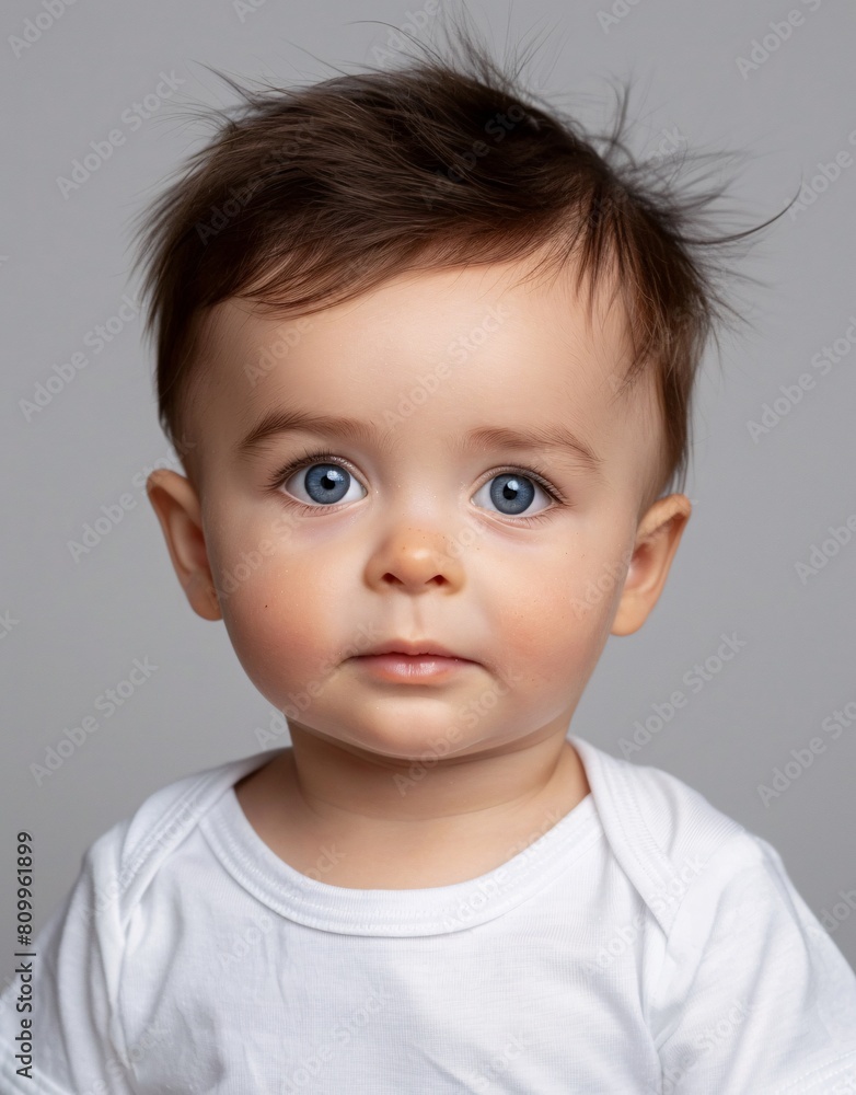 ID Photo for Passport : European baby boy with straight short black hair and blue eyes, without glasses and wearing a white t-shirt ID Photo for Passport : European baby boy with straight short black hair and blue eyes, without glasses and wearing a white t-shirt