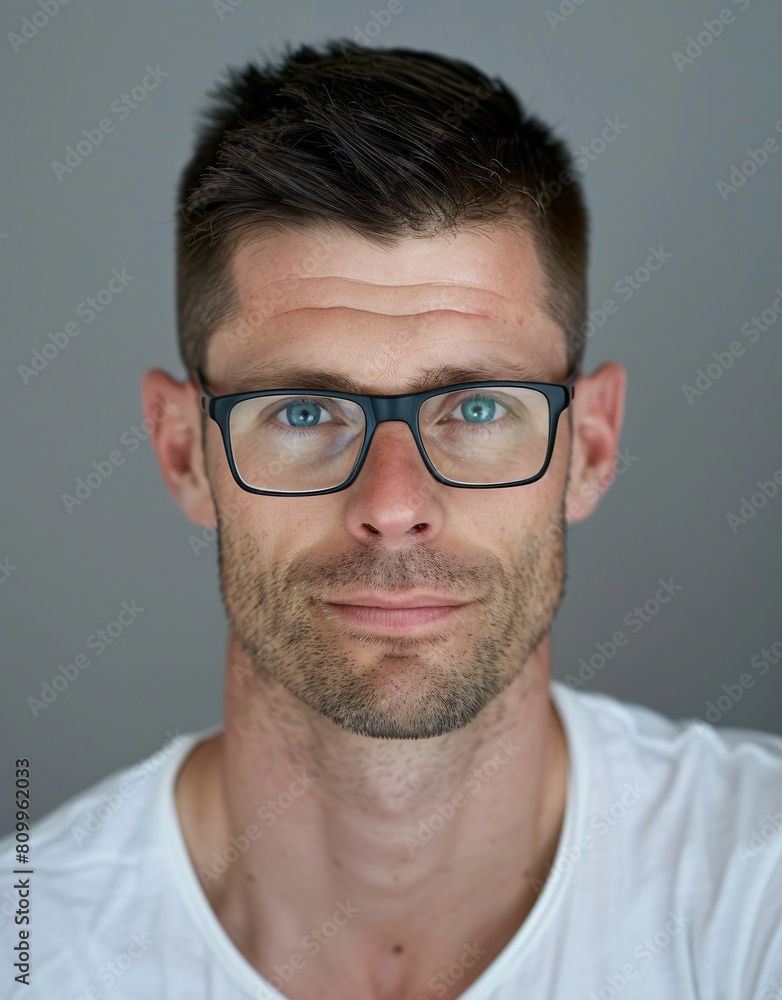 ID Photo for Passport : European adult man with straight short black hair and blue eyes, stubble, with glasses and wearing a white t-shirt ID Photo for Passport : European adult man with straight short black hair and blue eyes, stubble, with glasses and wearing a white t-shirt