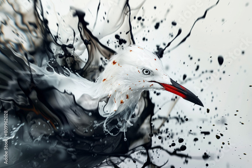 White gull in a black oil stain, environmental disaster photo
