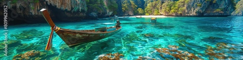 Koh Phi Phi s Captivating Emerald Waters with Longtail Boats Amid Limestone Cliffs and Pristine
