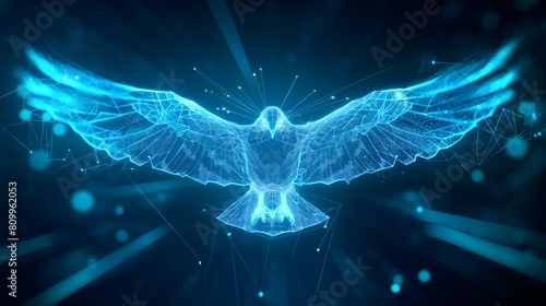 A blue eagle bird with a white wing is flying in the sky