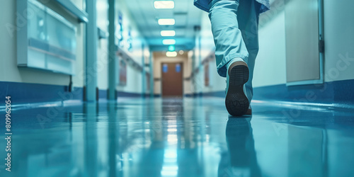 Doctor or nurse in scrubs walking down a hallway of a hospital ward