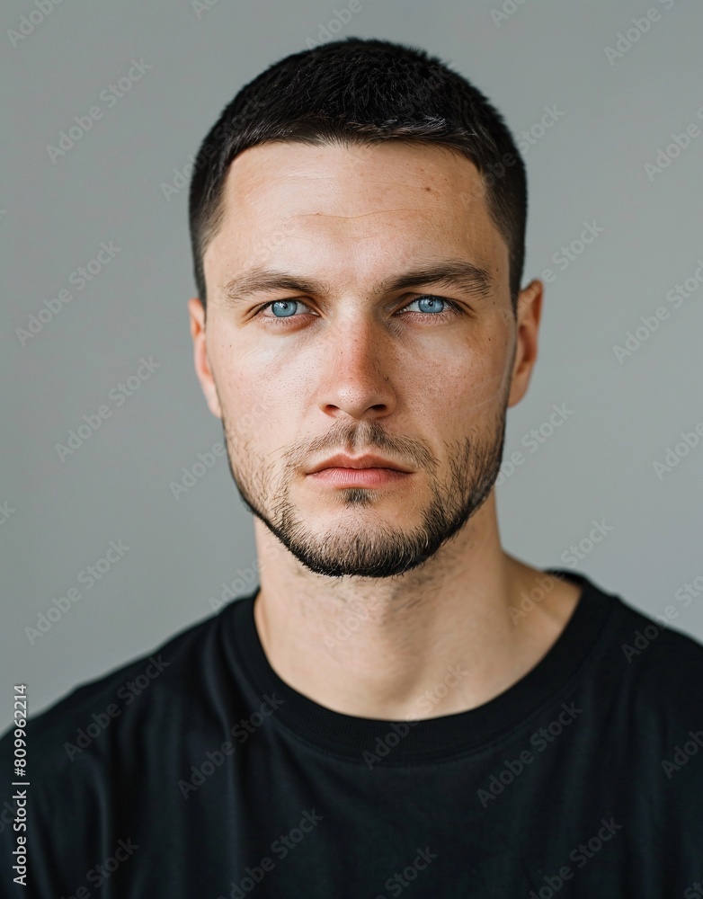 Obraz premium ID Photo for Passport : European adult man with straight short black hair and blue eyes, short beard, without glasses and wearing a black t-shirt