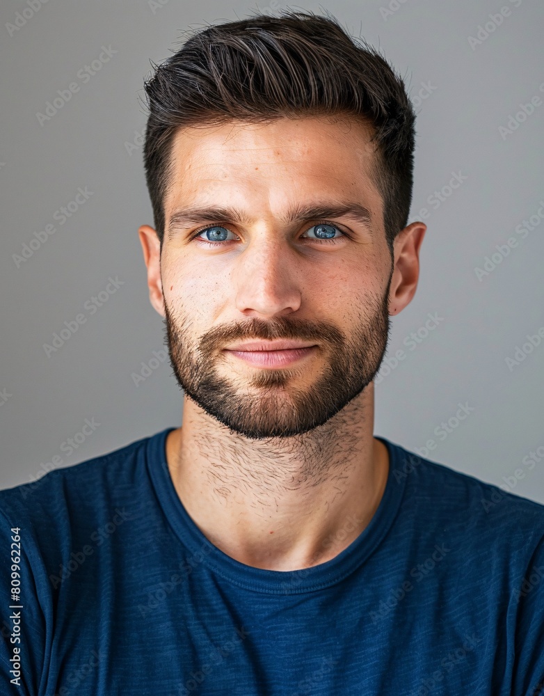 ID Photo for Passport : European adult man with straight short black hair and blue eyes, short beard, without glasses and wearing a navy t-shirt ID Photo for Passport : European adult man with straight short black hair and blue eyes, short beard, without glasses and wearing a navy t-shirt