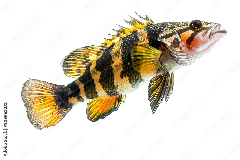 Fototapeta premium Vibrant Black and Yellow Striped Fish with Spiky Fins Isolated on White Background
