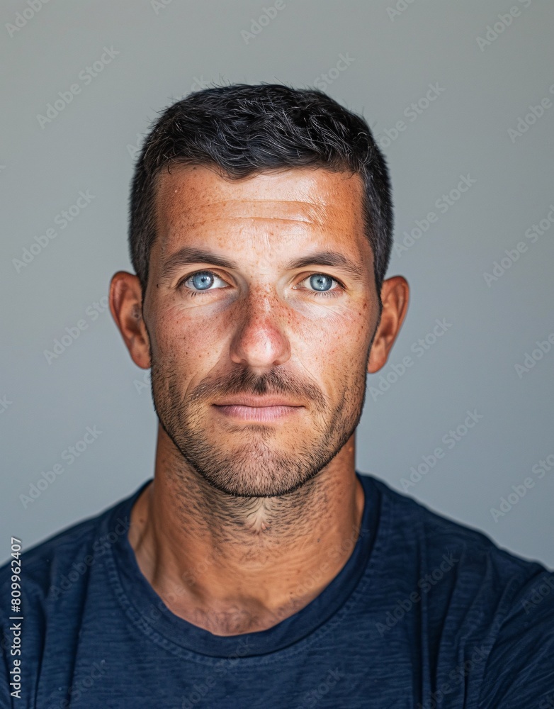 ID Photo for Passport : European adult man with straight short black hair and blue eyes, stubble, without glasses and wearing a navy t-shirt ID Photo for Passport : European adult man with straight short black hair and blue eyes, stubble, without glasses and wearing a navy t-shirt