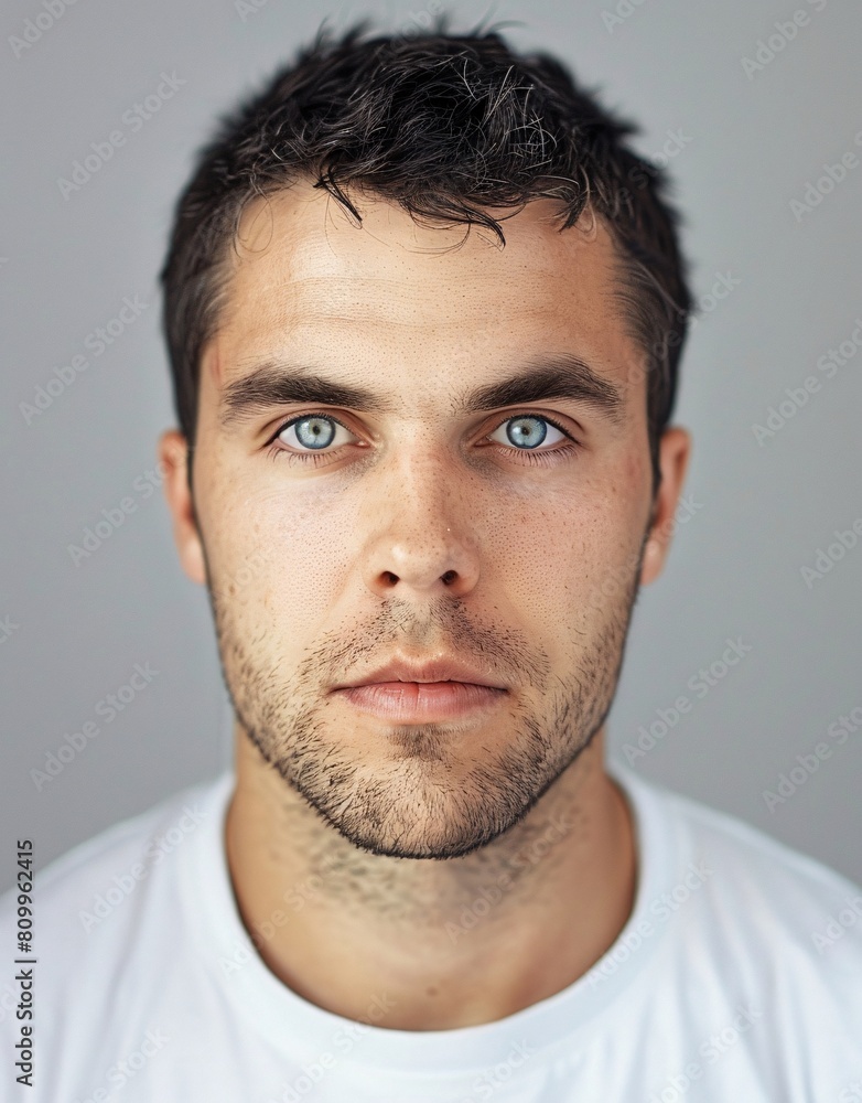 ID Photo for Passport : European adult man with straight short black hair and blue eyes, stubble, without glasses and wearing a white t-shirt ID Photo for Passport : European adult man with straight short black hair and blue eyes, stubble, without glasses and wearing a white t-shirt