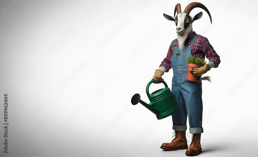 Anthropomorpher Ziegenbock mit Gießkanne isoliert auf weißem