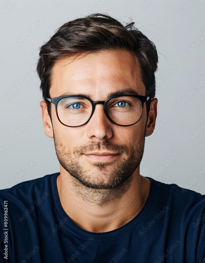 ID Photo for Passport : European adult man with straight short black hair and blue eyes, short beard, with glasses and wearing a navy t-shirt
