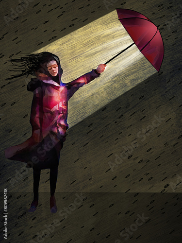 Defending herself from a storm is a young woman with her umbrella in a 3-d illustration about protecting yourself. It can be a metaphor for many situations and women's rights. photo
