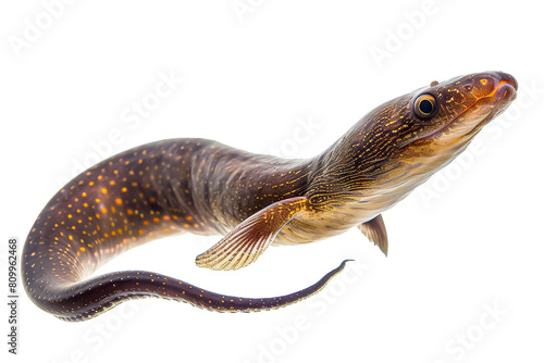 Golden Spotted Moray Eel Swimming on White Background photo