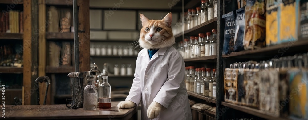 A cat in a lab coat stands in front of a shelf of bottles