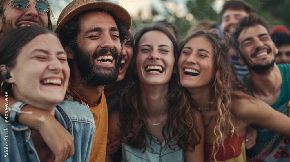 Close-up of a group of friends linking arms and singing along at a summer festival, their smiles infectious Close-up of a group of friends linking arms and singing along at a summer festival, their smiles infectious
