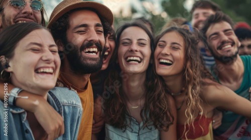 Close-up of a group of friends linking arms and singing along at a summer festival  their smiles infectious