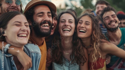 Close-up of a group of friends linking arms and singing along at a summer festival, their smiles infectious