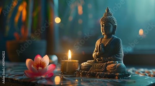 A statue of Buddha sits on a table next to a candle and a pink flower