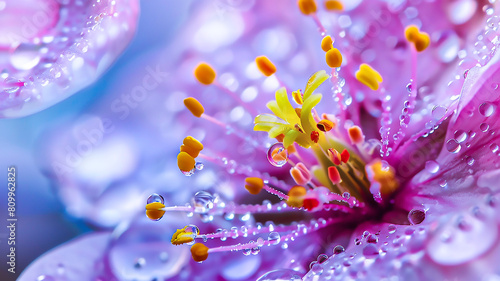 Closeup of dew on the petals and yellow stamens of an violet flower, macro photography, vibrant colors, water droplets on petal surface photo
