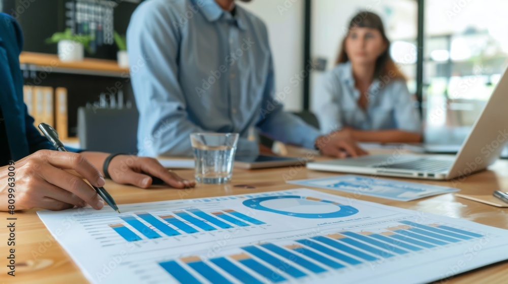 Colleagues gather around a table reviewing bar graphs and reports, engaging in strategic financial planning. Colleagues gather around a table reviewing bar graphs and reports, engaging in strategic financial planning.