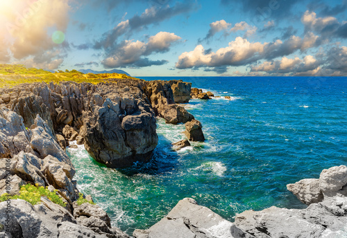 Acantilados del infierno en España,Asturias.Rocas hermosas y de ensueño en el océano.
Paisaje escénico acantilado y el mar en tiempo de atardecer. photo