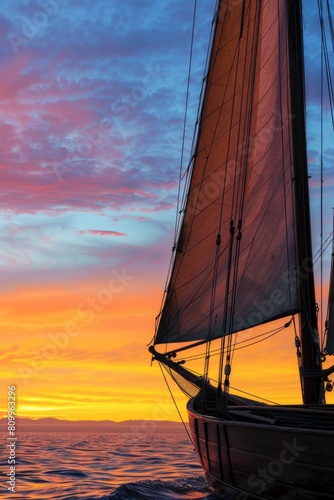 Close-up of a single sailboat silhouetted against a vibrant sunset  its sails reflecting the warm light of the fading day