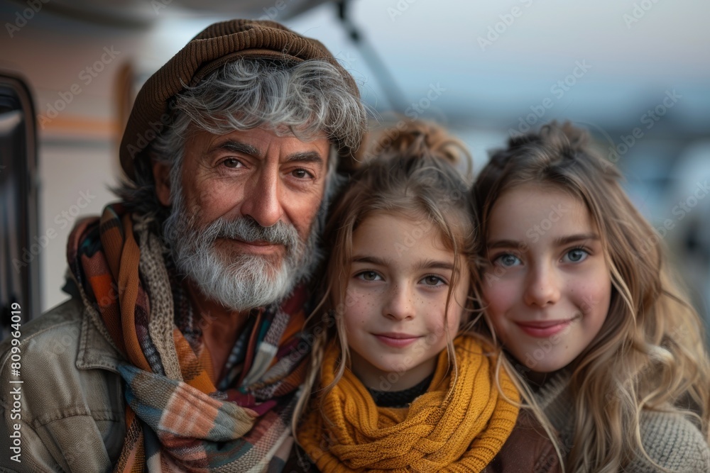 A heartwarming generational portrait of an older man with two young girls, showing affection A heartwarming generational portrait of an older man with two young girls, showing affection