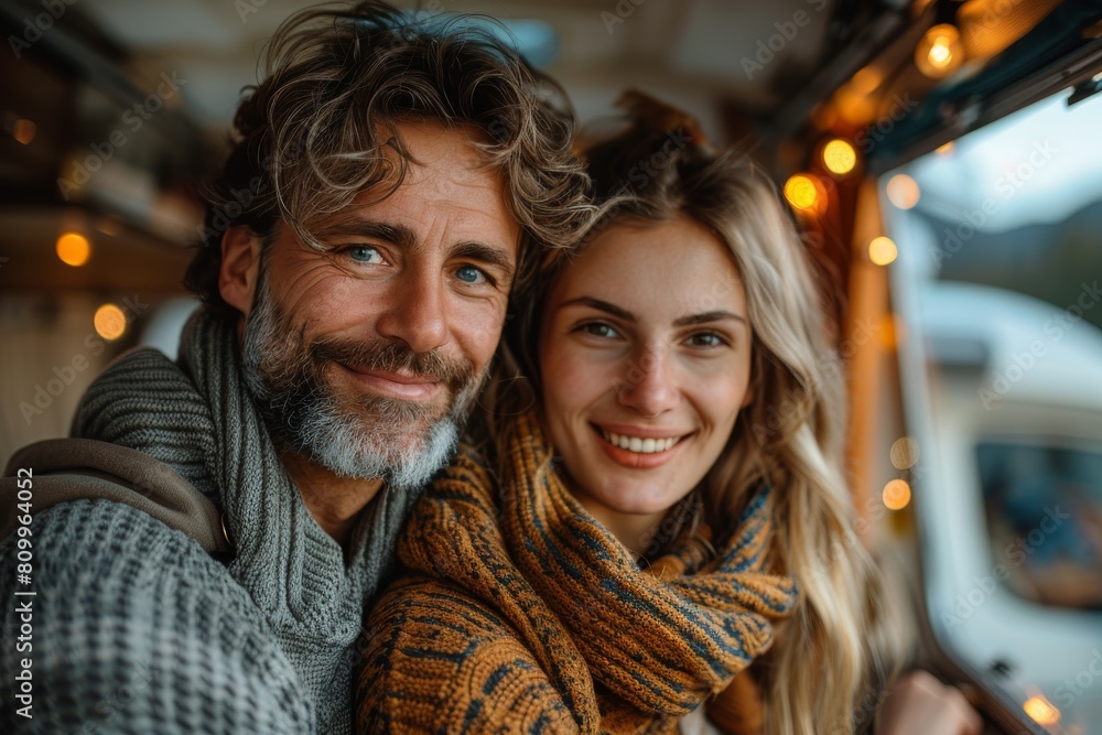 An intimate shot of a couple with content smiles, warmly dressed, embracing each other in a bohemian-style camper van setting