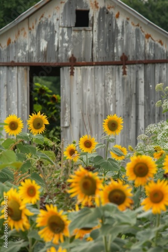 Close-up of a weathered barn door framed by vibrant sunflowers, capturing the rustic charm of a summer landscape