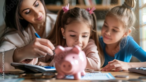 Woman and two girls putting coins into a piggy bank, teaching financial responsibility and saving habits. photo